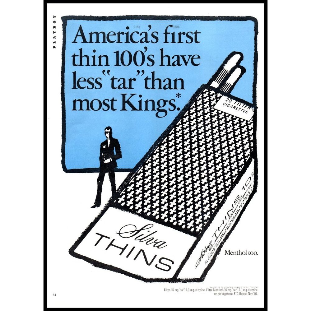1971 Silva Thins Cigarettes Vintage Print Ad Minimalist Graphic Black Suit Art